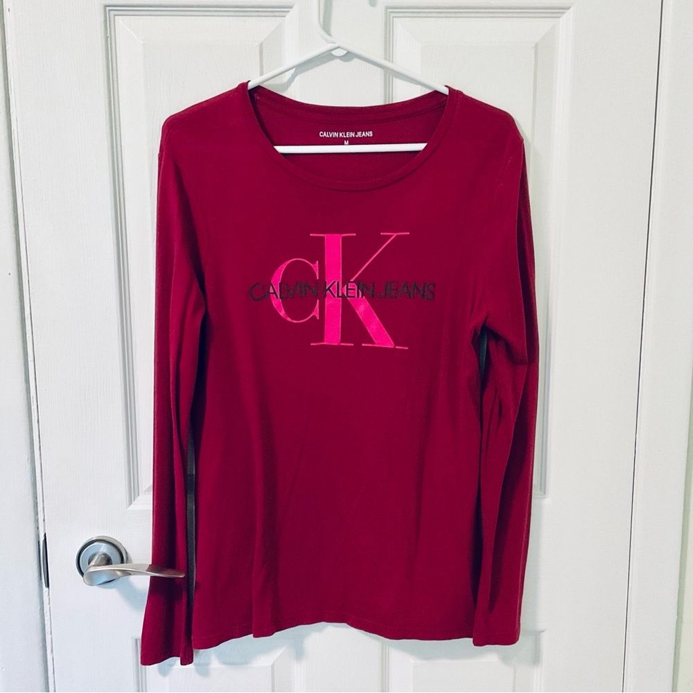 Calvin Klein Jeans Cotton Modal Long Sleeve T-Shirt Burgundy Pink Size M